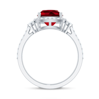 Certified Cushion Cut Lab Ruby and Diamond Halo Engagement Ring