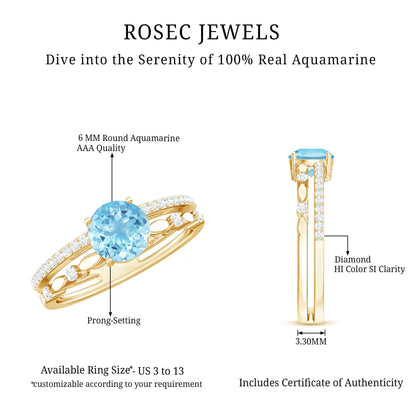 Natural Aquamarine Double Band Engagement Ring with Diamond