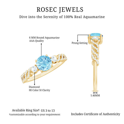 Certified Real Aquamarine Engagement Ring with Diamond Side Stones