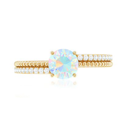 Natural Ethiopian Opal Diamond Solitaire Engagement Ring with Beaded Detailing