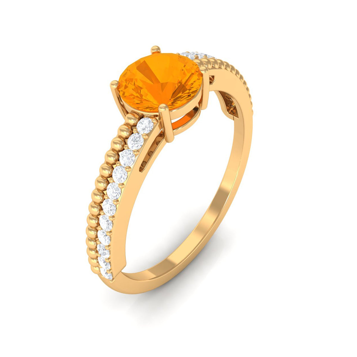 0.7 Carat Round Fire Opal Solitaire Ring with Diamond and Beaded Shank