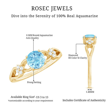 Genuine Aquamarine Crossover Engagement Ring with Diamond Flower