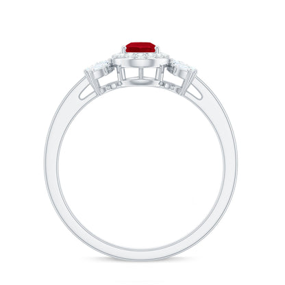 Natural 0.8 Carat Ruby Pear Shaped Engagement Ring with Diamond Halo
