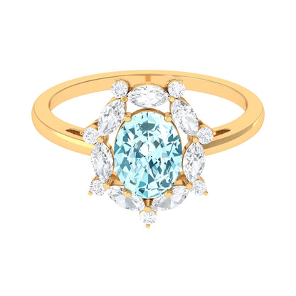 Genuine Aquamarine Vintage Inspired Engagement Ring with Halo