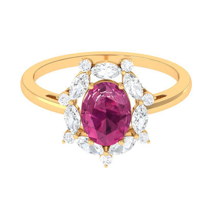 Oval Pink Tourmaline Designer Engagement Ring with Moissanite Halo