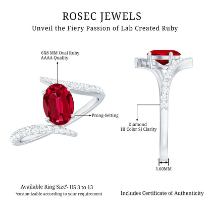 Oval Cut Lab Grown Ruby Bypass Engagement Ring with Diamonds