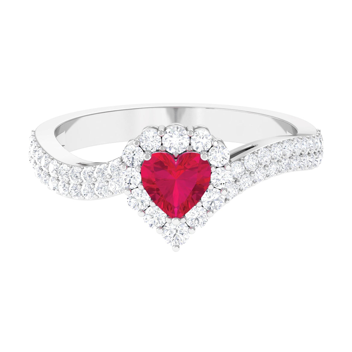 Natural 0.6 Carat Ruby Heart Engagement Ring with Diamond Bypass Shank