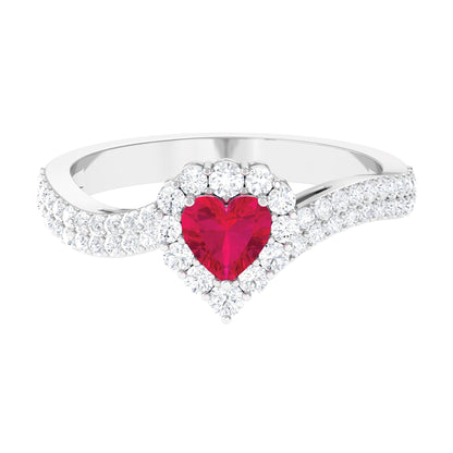 Natural 0.6 Carat Ruby Heart Engagement Ring with Diamond Bypass Shank