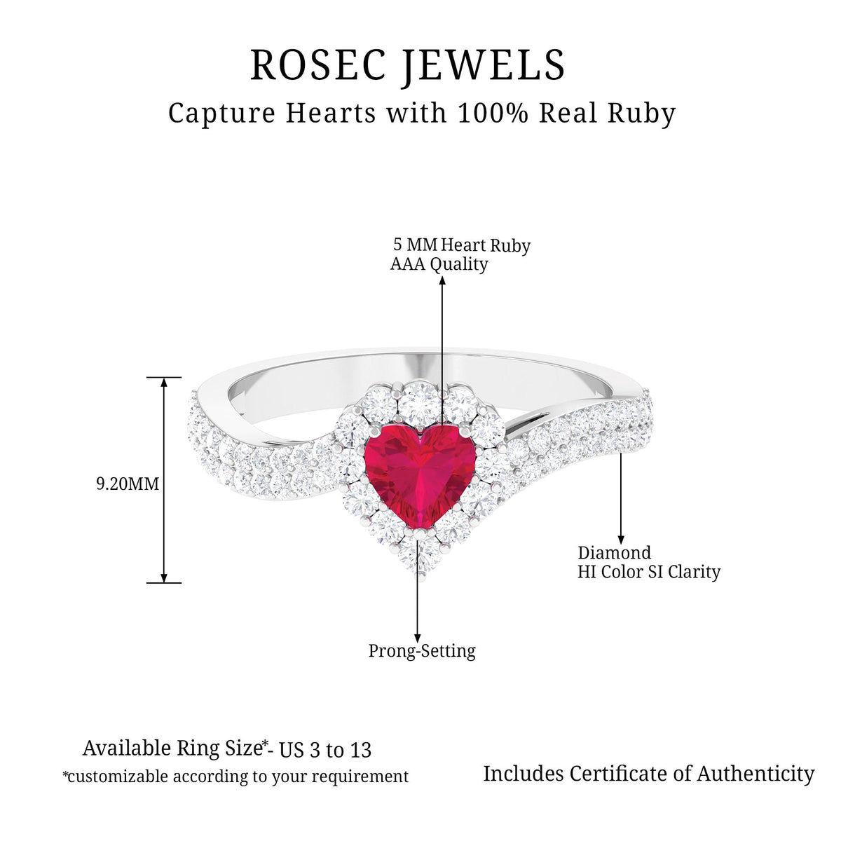 Natural 0.6 Carat Ruby Heart Engagement Ring with Diamond Bypass Shank