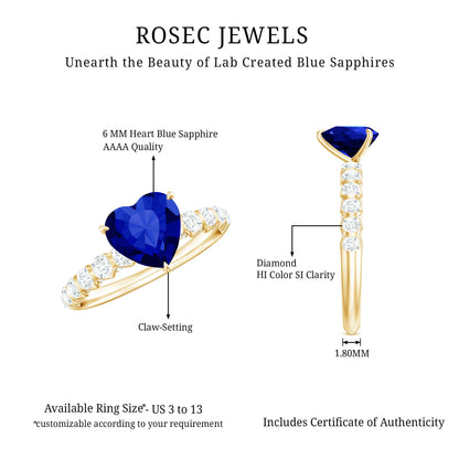 Certified 0.9 Carat Lab Created Blue Sapphire Heart Engagement Ring with Diamond