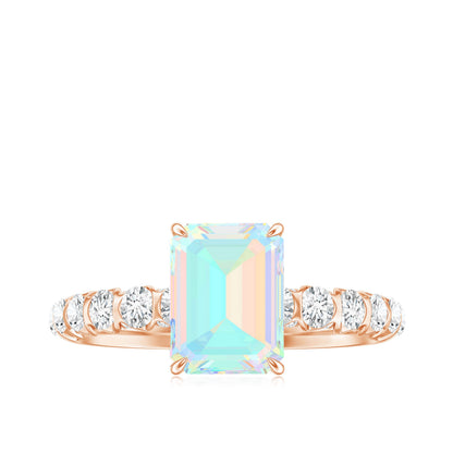 Genuine Ethiopian Opal Emerald Cut Engagement Ring with Diamond Side Stones