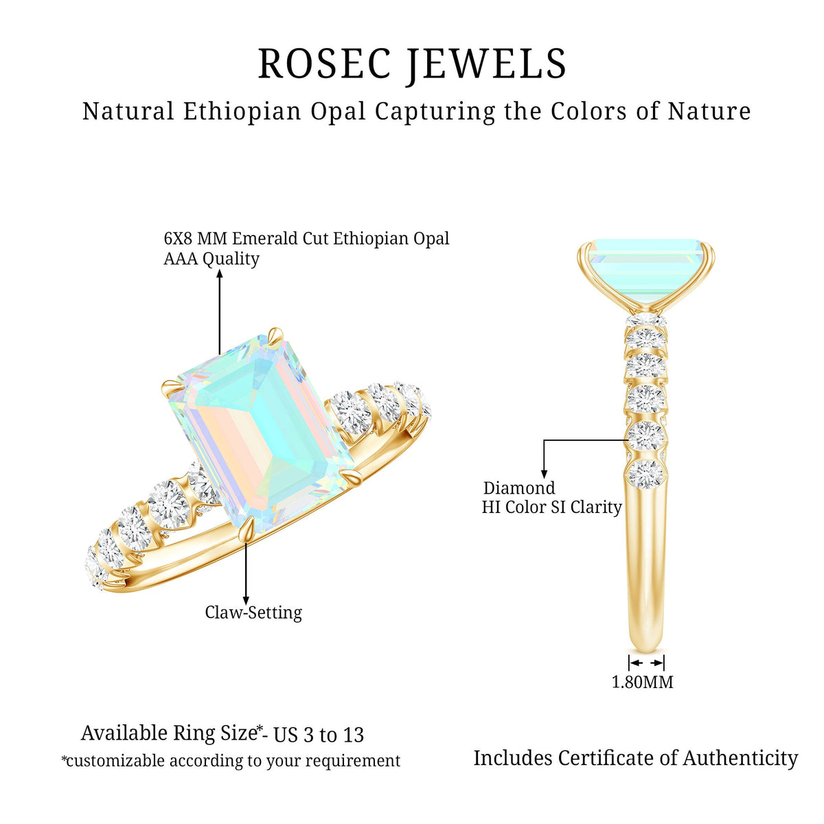 Genuine Ethiopian Opal Emerald Cut Engagement Ring with Diamond Side Stones