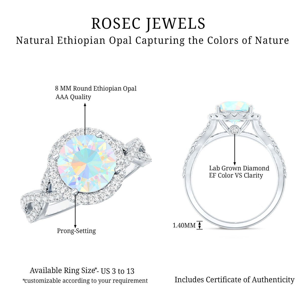 Real 2 Carat Ethiopian Opal Halo Engagement Ring with Crossover Shank