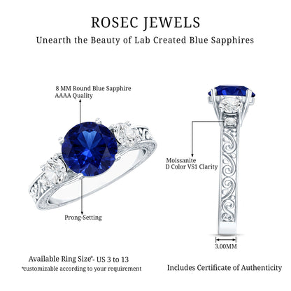 Round Created Blue Sapphire and Moissanite Art Deco Engagement Ring in Gold