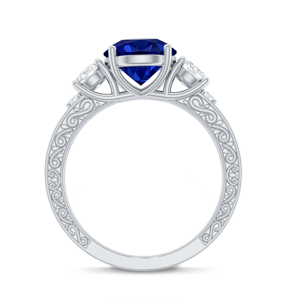 Round Created Blue Sapphire and Moissanite Art Deco Engagement Ring in Gold