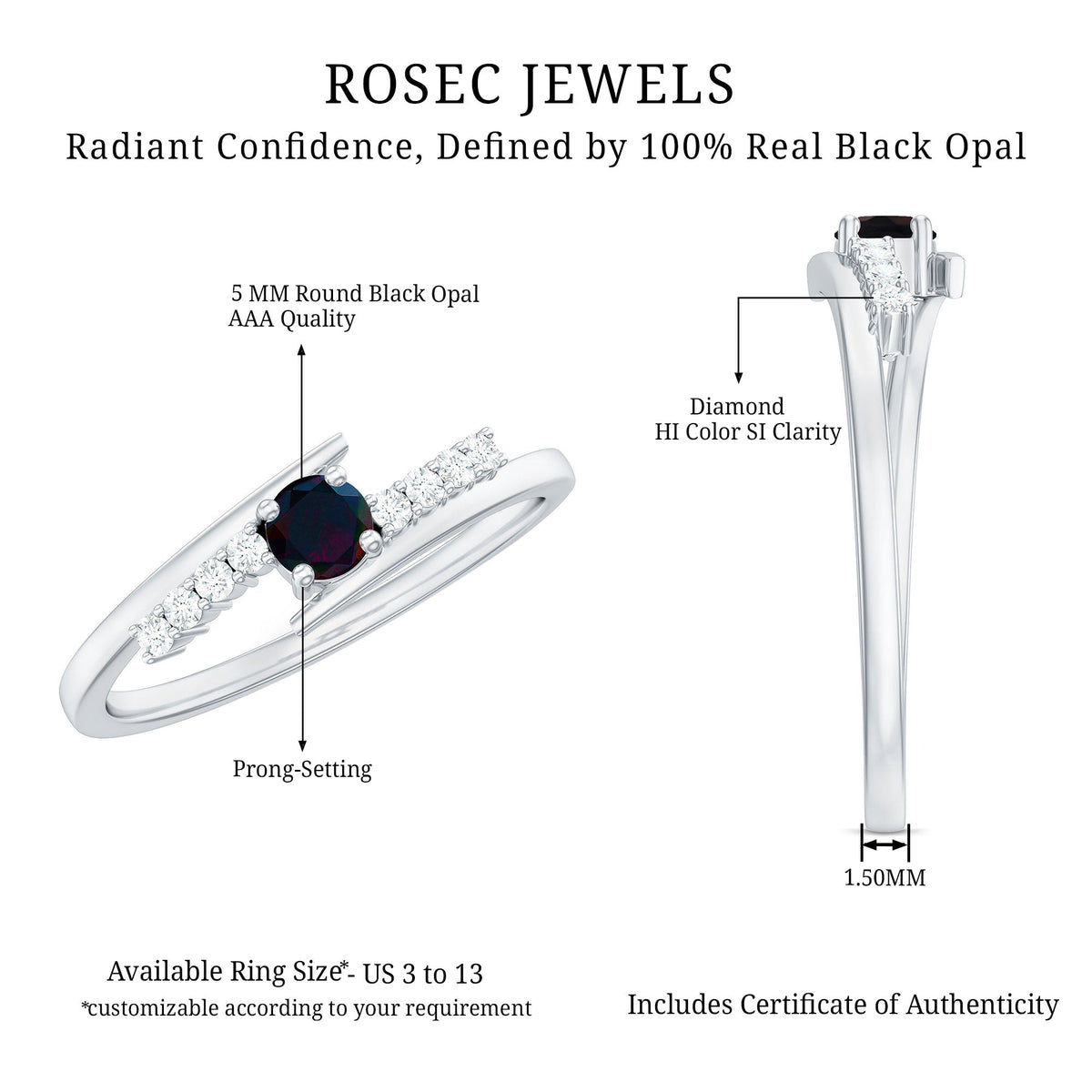 Minimal Round Black Opal and Diamond Bypass Promise Ring