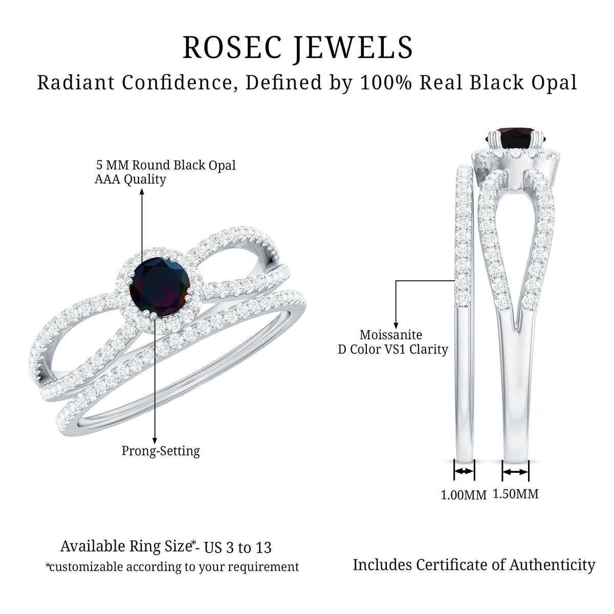 Certified Round Black Opal Wedding Ring Set with Moissanite