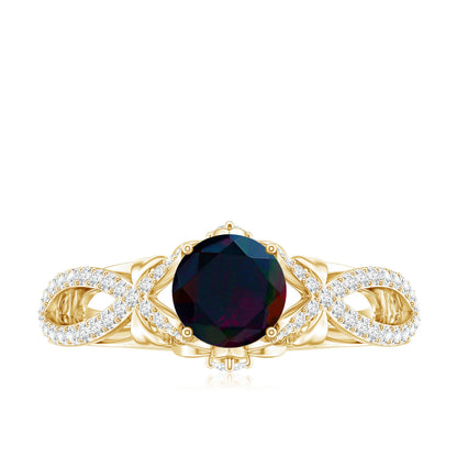 Natural Black Opal Crossover Engagement Ring with Diamond