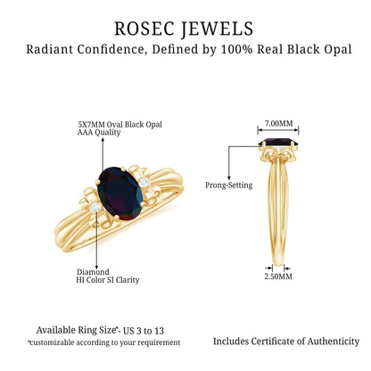 0.9 Carat Oval Cut Black Opal Solitaire Engagement Ring with Diamond