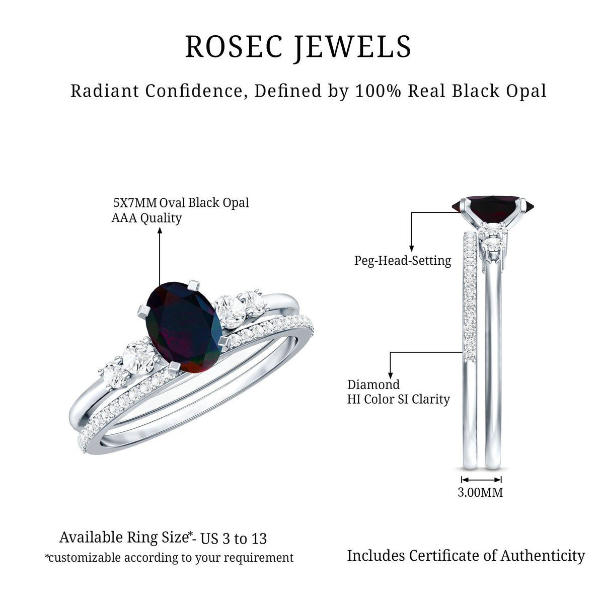 0.9 Carat Black Opal and Diamond Oval Wedding Ring Set
