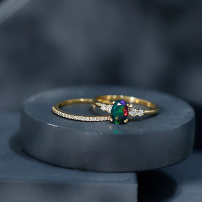 0.9 Carat Black Opal and Diamond Oval Wedding Ring Set