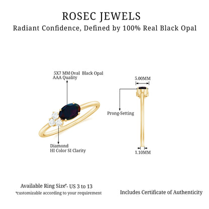 Oval Black Opal East West Ring with Diamond Trio