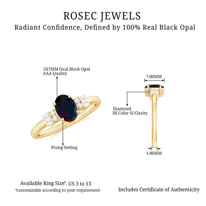 0.9 Carat Oval Cut Black Opal Engagement Ring with Diamond