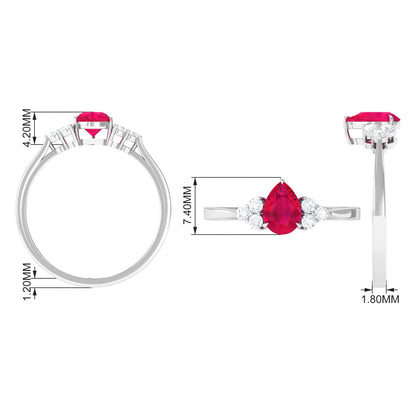 Natural 0.8 Carat Ruby Teardrop Engagement Ring with Diamond Trio