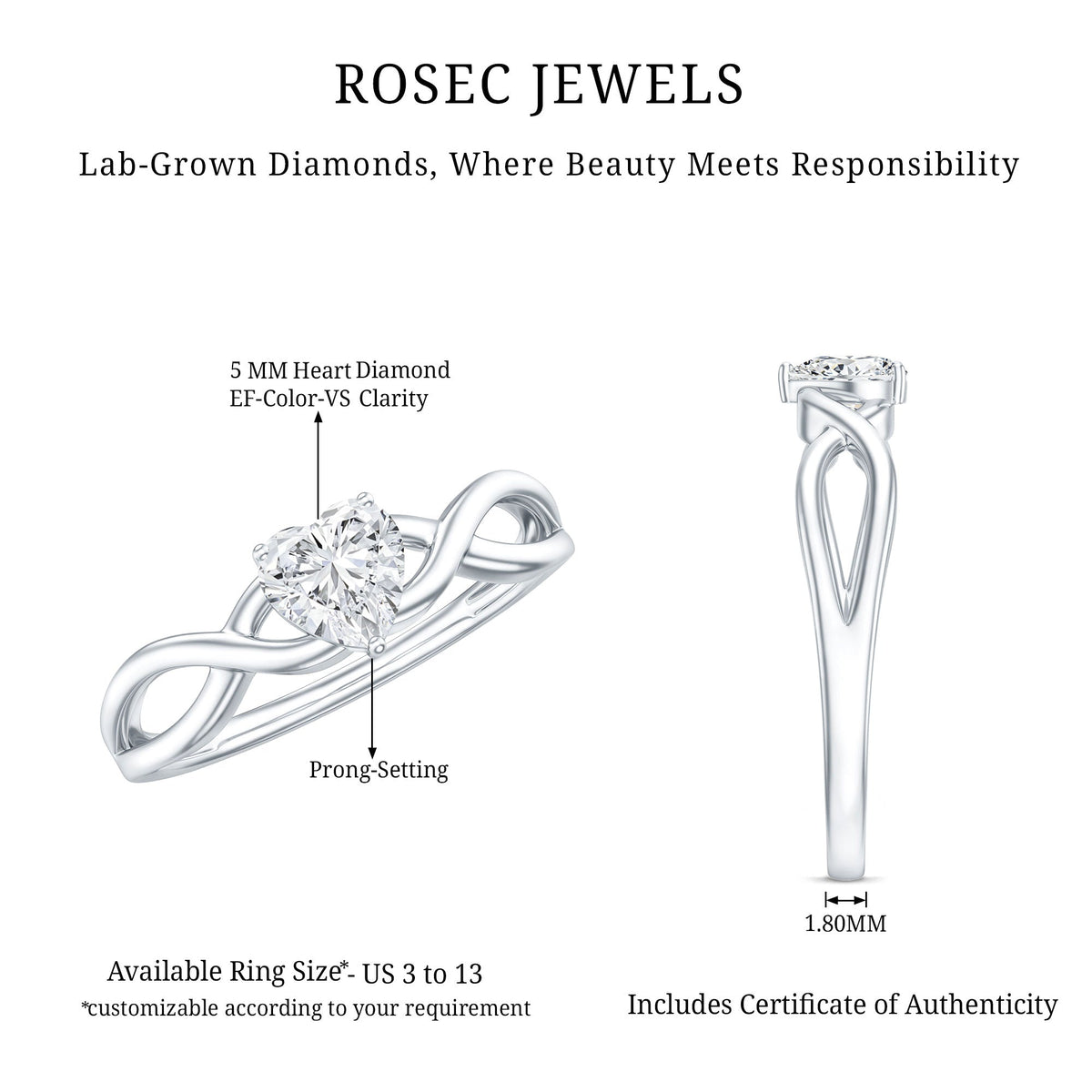 Lab Grown Diamond Heart Promise Ring in Crossover Shank