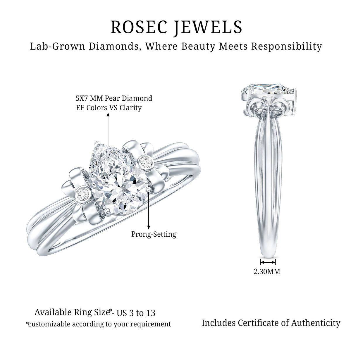 Pear Cut Lab Grown Diamond Solitaire Engagement Ring with Bow