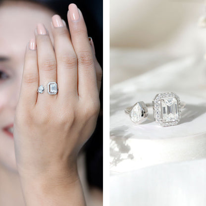 Women's Moissanite Two Stone Engagement Ring in Silver