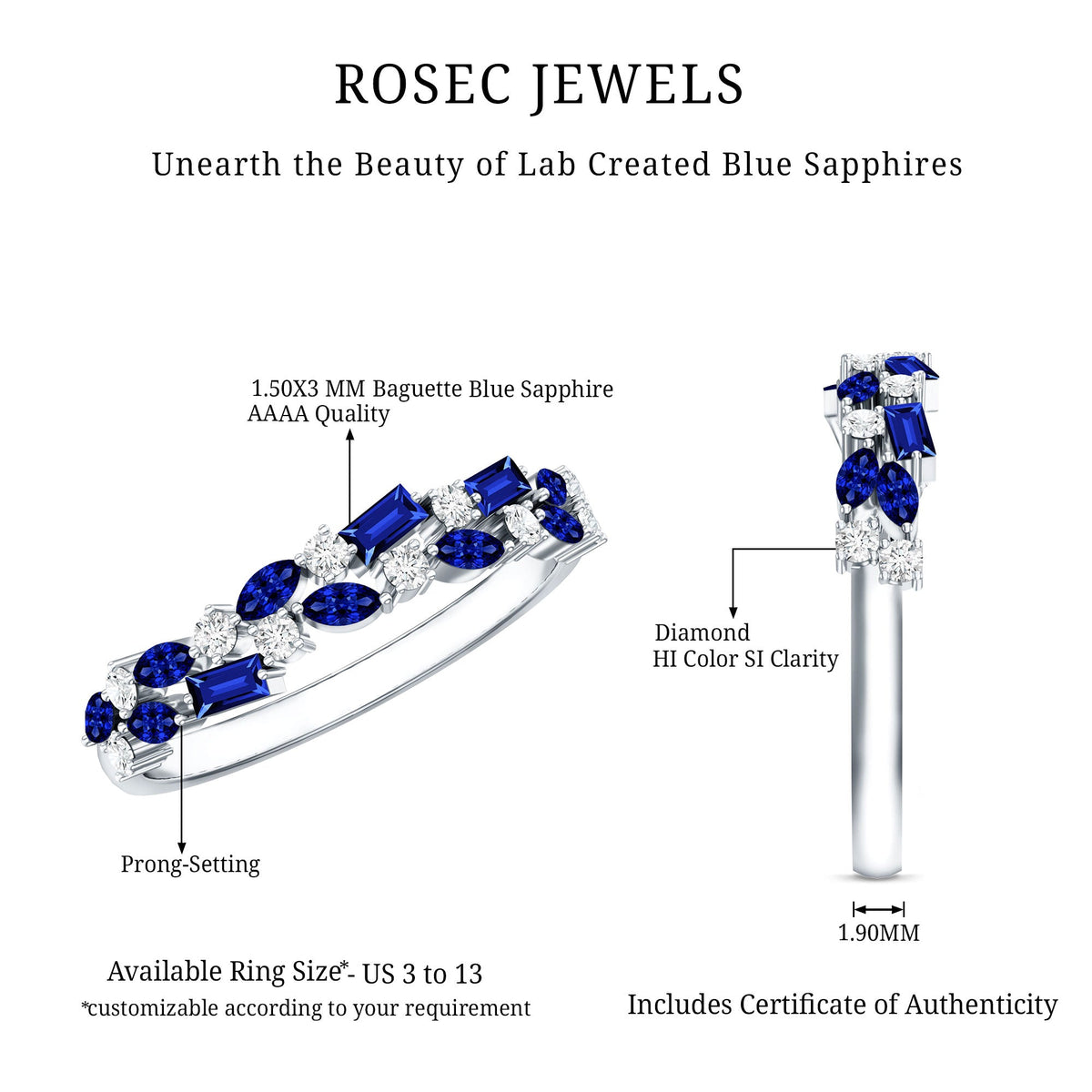 Certified Lab Grown Blue Sapphire Diamond Half Eternity Band Ring