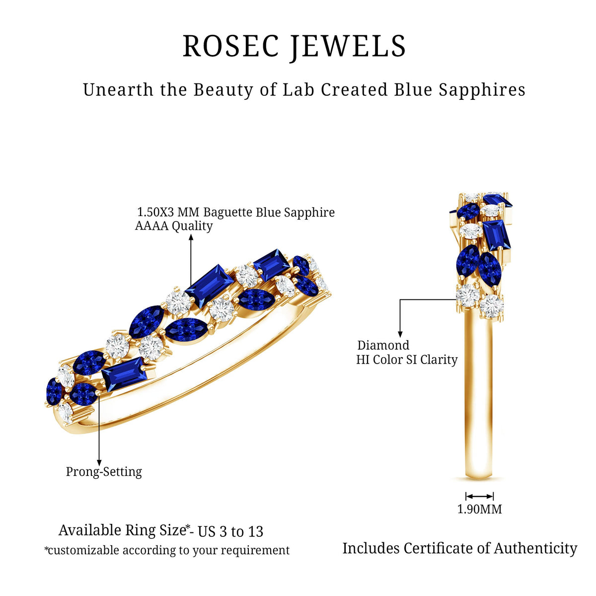 Certified Lab Grown Blue Sapphire Diamond Half Eternity Band Ring