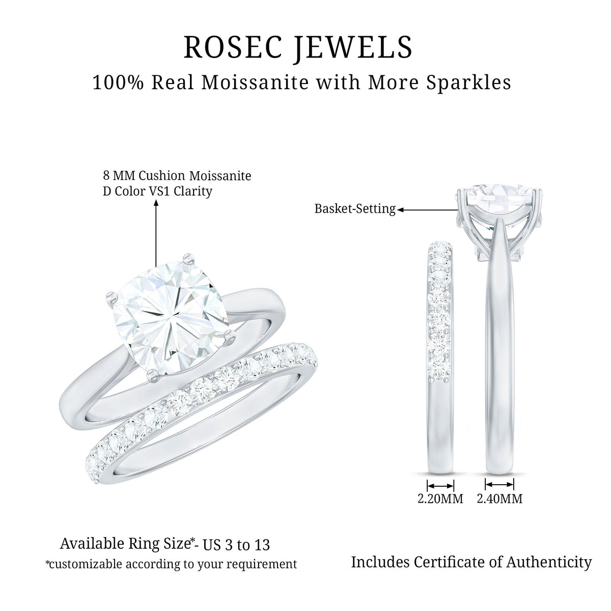 Cushion Cut Moissanite Solitaire Bridal Set with Certificate