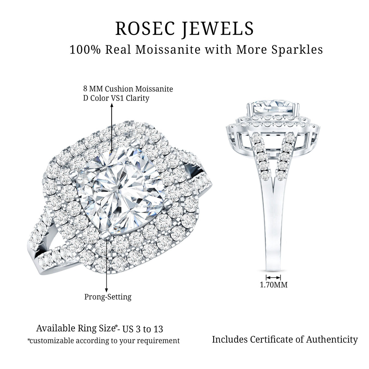 Certified Cushion Cut Moissanite Double Halo Engagement Ring