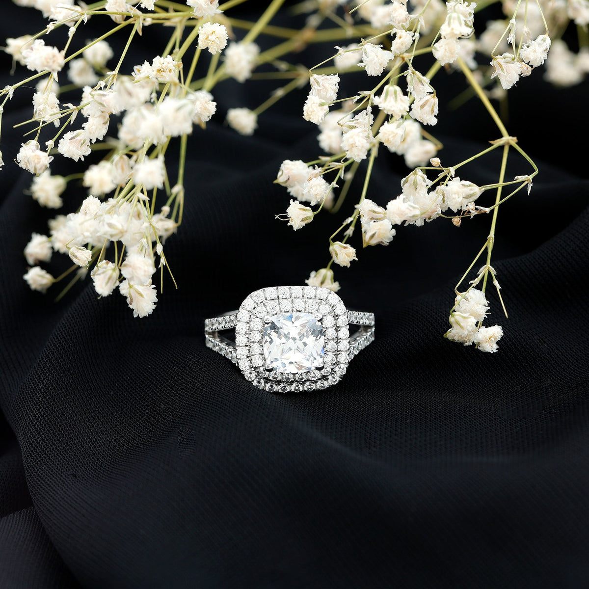 Certified Cushion Cut Moissanite Double Halo Engagement Ring