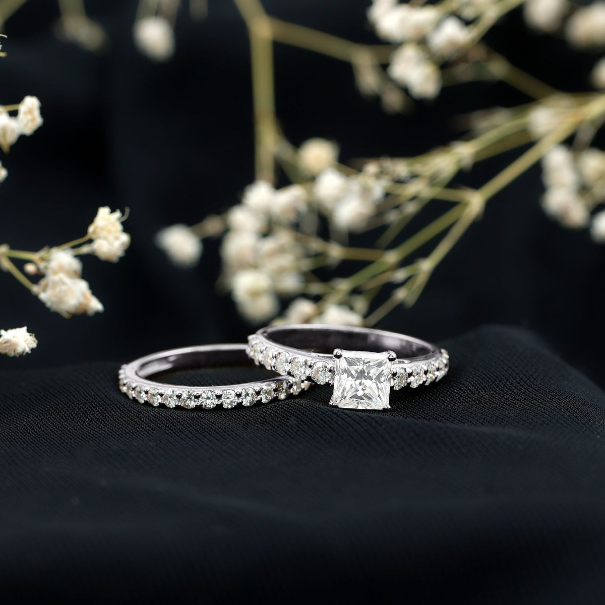 Princess Cut Moissanite Engagement Ring with Wedding Band