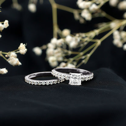 Princess Cut Moissanite Engagement Ring with Wedding Band