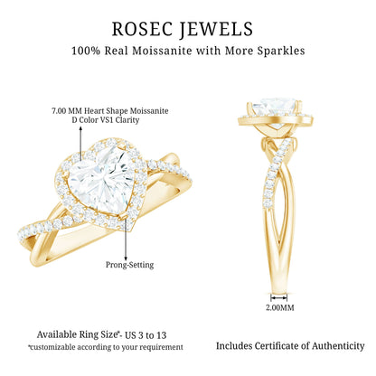 Heart Shape Moissanite Halo Engagement Ring with Criss Cross Band