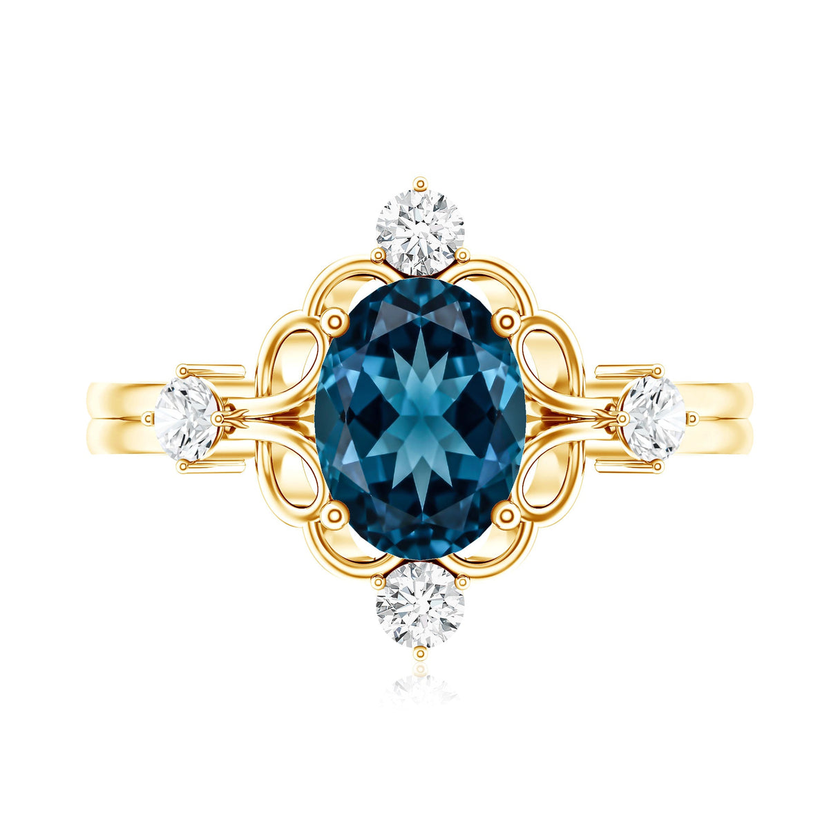 Art Deco Inspired Blue Topaz Oval Engagement Ring with Diamond