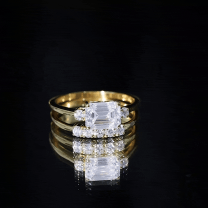 East West Emerald Cut Moissanite Engagement Ring & Wedding Band Set