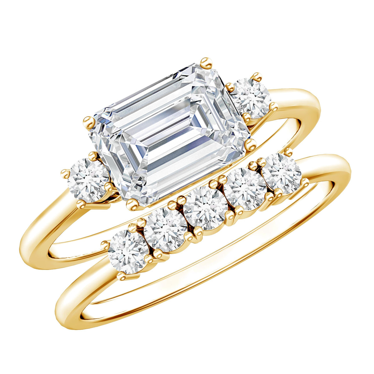 East West Emerald Cut Moissanite Engagement Ring & Wedding Band Set