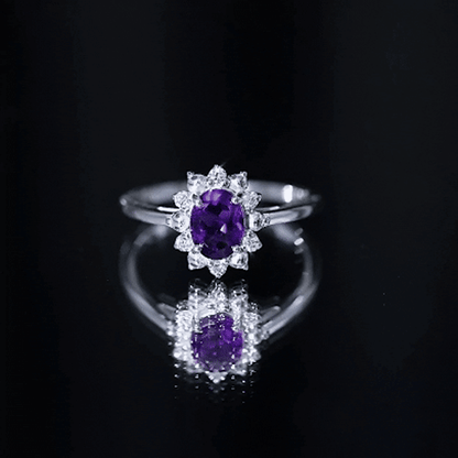 Oval Amethyst Floral Halo Engagement Ring with Diamond