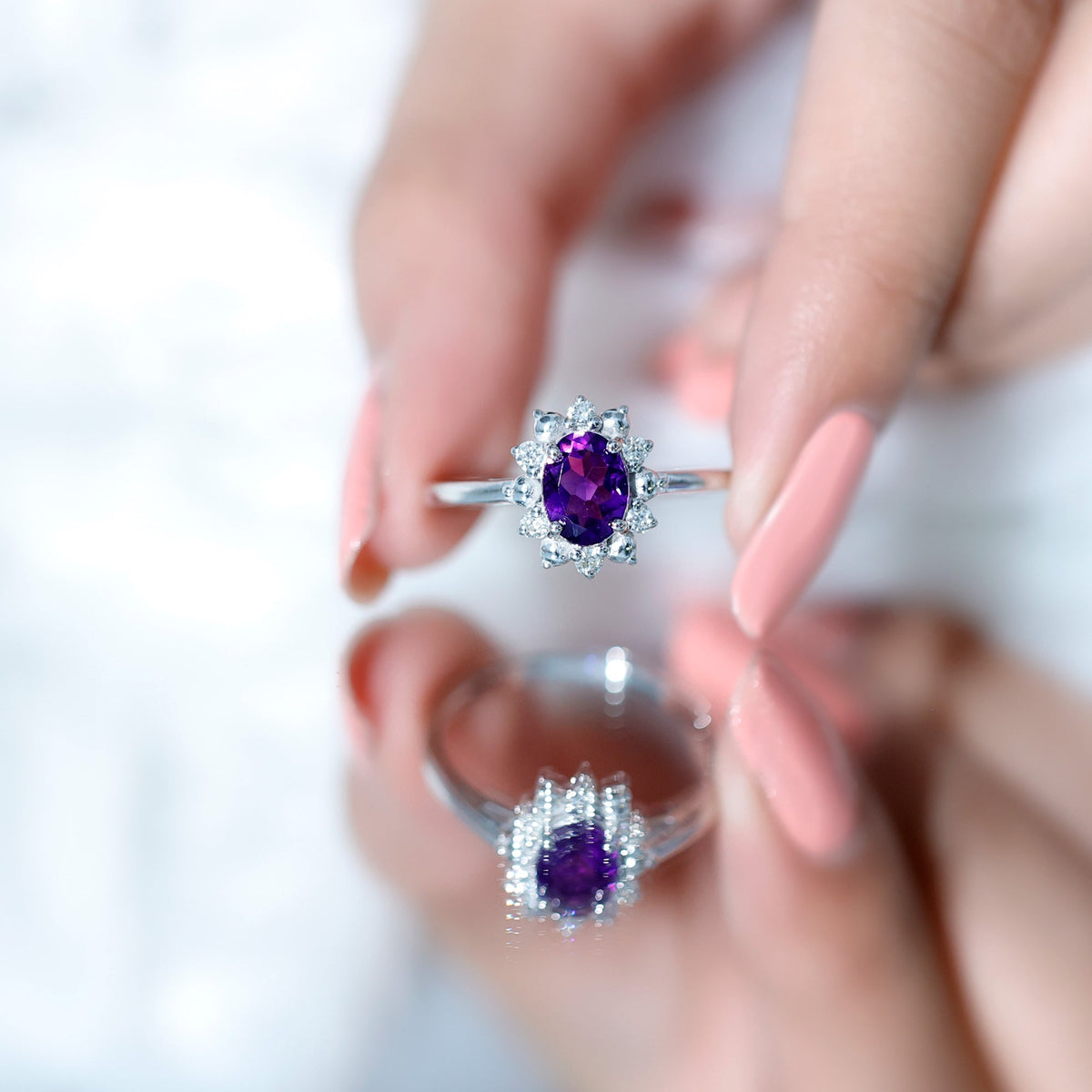 Oval Amethyst Floral Halo Engagement Ring with Diamond