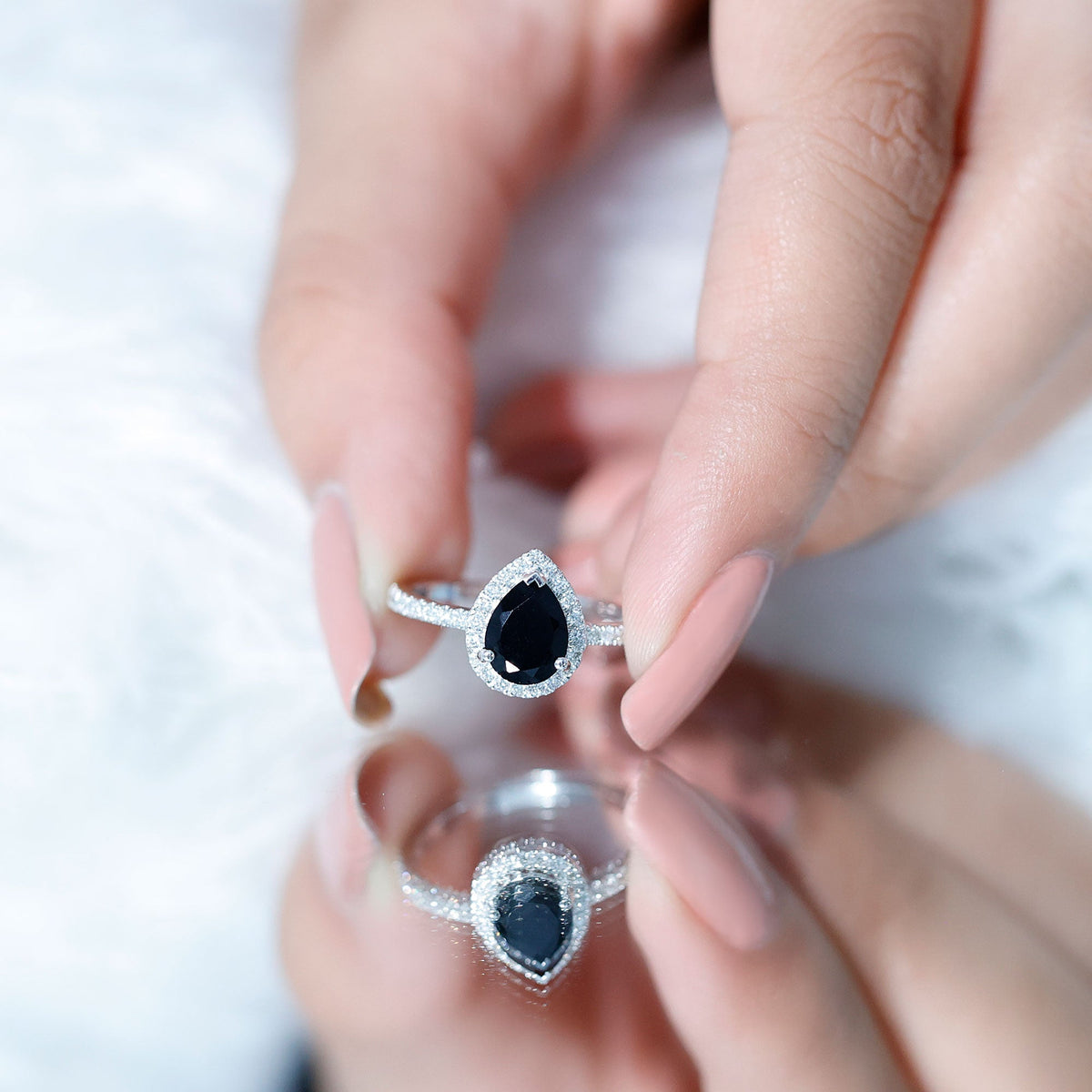 1 Carat Pear Shaped Black Onyx Engagement Ring with Real Diamond Halo