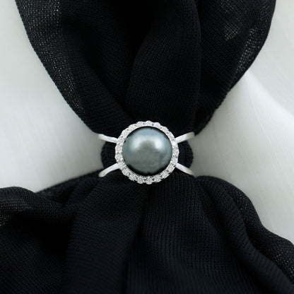 7.5 Carat Black Pearl Criss Cross Engagement Ring with Diamond Halo
