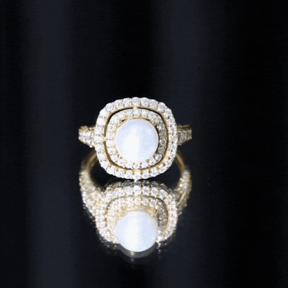 Cultured 3 Carat Freshwater Pearl Double Halo Engagement Ring with Moissanite