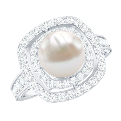 Cultured 3 Carat Freshwater Pearl Double Halo Engagement Ring with Moissanite