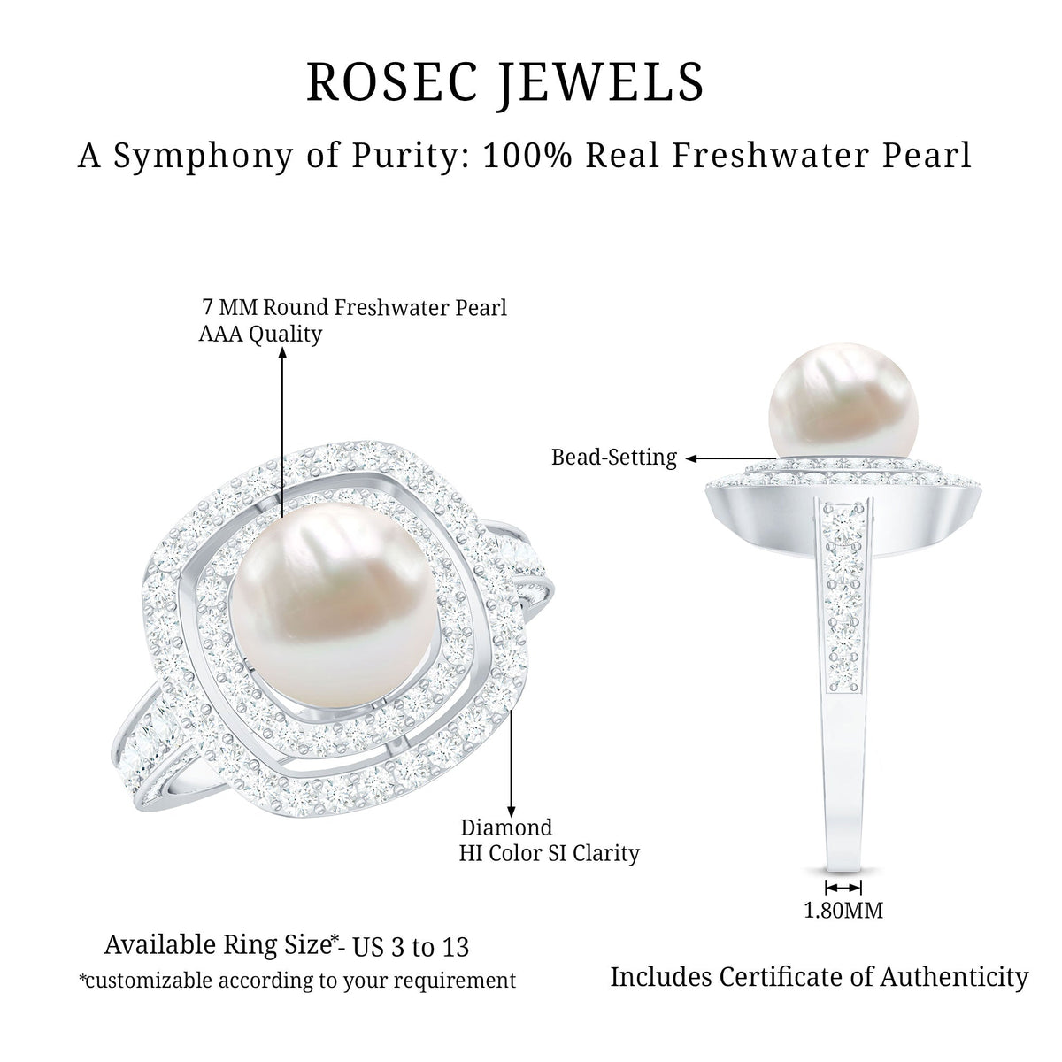 Cultured 3 Carat Freshwater Pearl Double Halo Engagement Ring with Moissanite