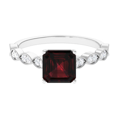 Real 3.3 Carat Asscher Cut Garnet Engagement Ring with Diamond